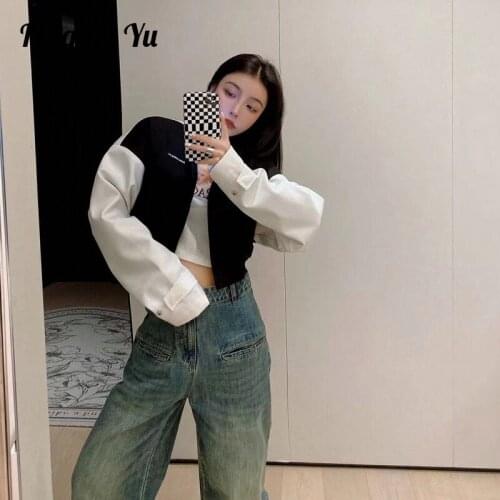 Black And White Stitching Autumn Jacket Womens High Neck Zipper Jacket ANN Letter LOGO Stitching Long-sleeved Short Jacket