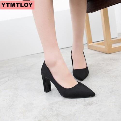 2019 ladies shallow mouth with thick heel womens shoes square toe with high heels work pump comfortable ladies shoes sandals code 35-43