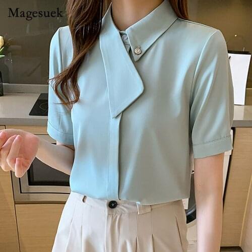 2021 Summer Fashion Shirt Women Ribbon Buttons Elegant Short Sleeve Temperament Stand Collar Shirt Women Clothing Blusas 13878