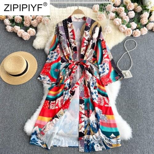 Ladies Sexy V-neck Cardigan Broken Bouquet Waist Belt Split Print Long Dress Summer Womens Cardigan Beach Dress D054