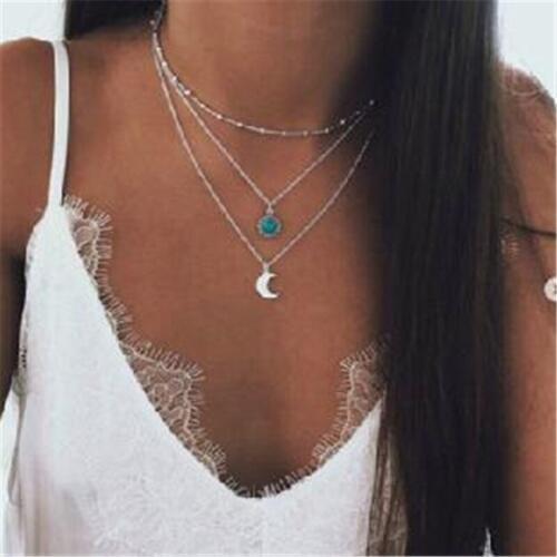 Ahmed Silver color Choker Necklace for women Long moon Blue stone Pendant Chain Necklaces & Pendants chokers Fashion Jewelry
