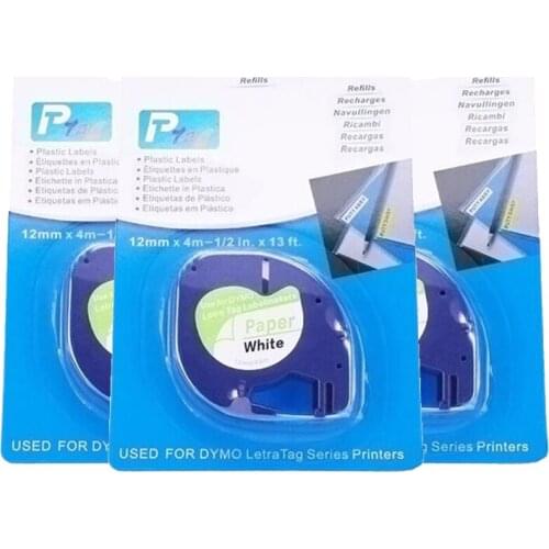 3pcs 12mm 91200 black on white DYMO LetraTag Paper Tape 10697 Label used for DYMO label printers