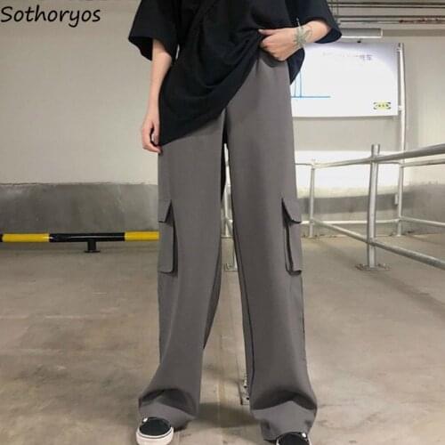 Cargo Pants Women Straight Wide Leg Pants Unisex Hip-hop Streeetwear Loose Chic Korean Style Daily Comfortable All-match Solid