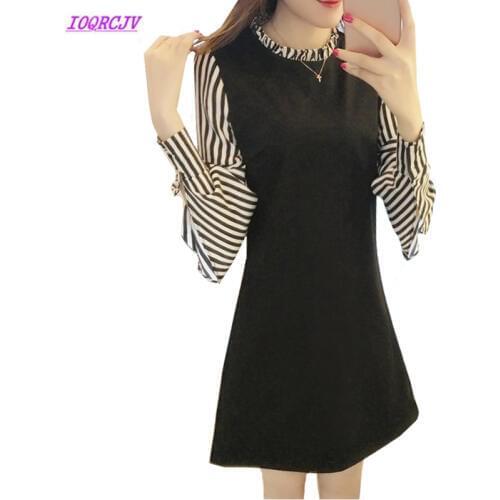 Black dress Spring Women Fashion Striped Spliced Sleeve A-Line Dress Fake Two Piece Plus size dresses Womens Dress 5XL B104