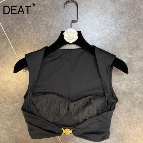 DEAT 2021 New Summer Fashion Sexy Square Collar Sleeveless Solid Patchwork Slim Buckle Short Vest Top Women SE045