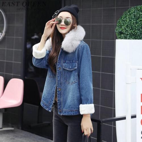 Denim jacket with fur for women blue autumn winter fashion 2018 warm jeans jacket fur female ladies faux fur coat AA3275
