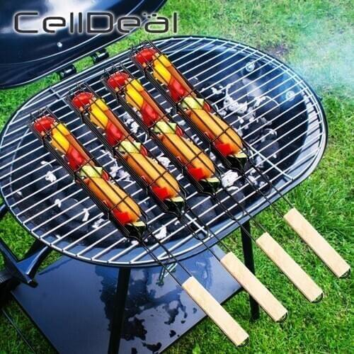 1/2PCS Barbecue Baskets Bold Iron Wooden Handle Grill Mesh Portable Grilling Basket For Meat Vegetable Hot Dog BBQ Tools