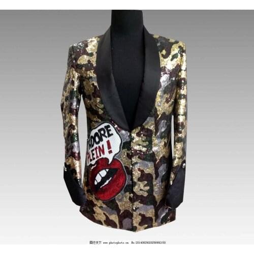 Personalized Fashion Male Sequins Red Lips Printing Nightclub Dj Dance Performance Costumes Male Cool Party Prom Casual Suits