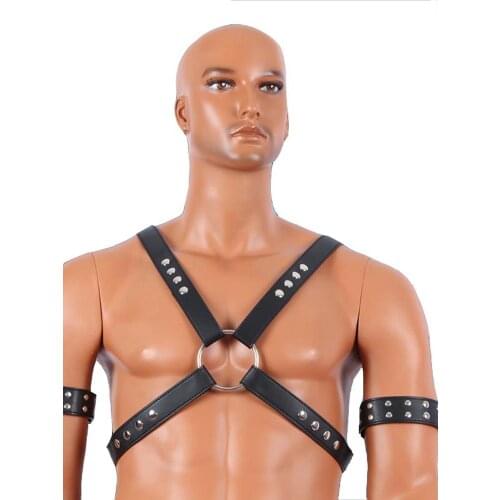 Male Sex Bondage Leather Straps Body Harness Top with Arm Rings Set Mens Metal Studs Fetish Top Erotic Sex Products