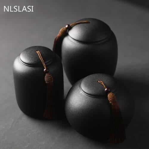 WSHYUFEI Vintage black Coarse Pottery tea can Ceramic Seal Tea Storage Chest Tank travel Tea Caddy Candy Spice Storage Tank
