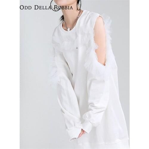 OddDellaRobbia 2021 Spring New Women Fashion Solid Color Mesh Stitching Dress Wooden Ears Off-Shoulder Loose Long Sweater 1511