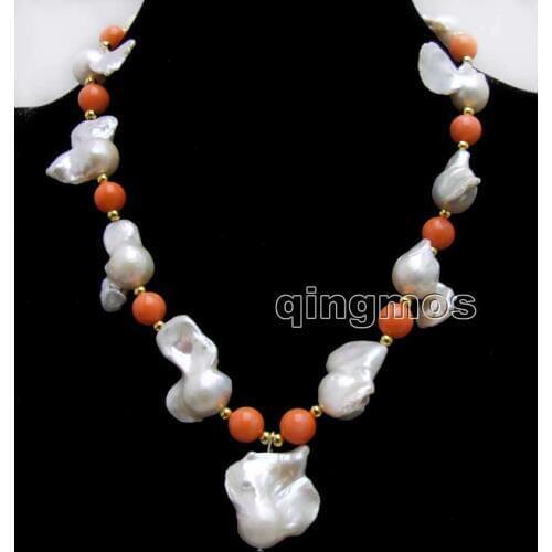 Big 20-35mm White Baroque Natural Nuclear pearl Pendant and 9-10mm Pink Coral 17'' Necklace-nec6367