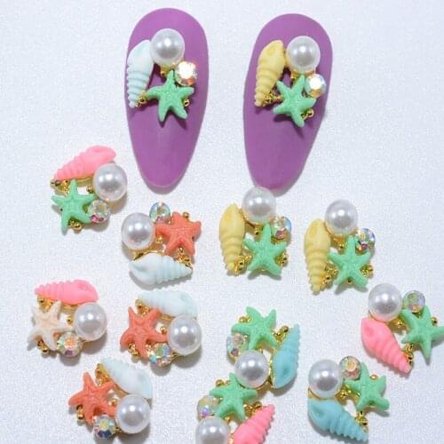 10Pcs Ocean Starfish Series Nail 3D Charms Pearl Shell Shaped Nail Art Gem Stones For Manicure Designer Charms Nail Accessories