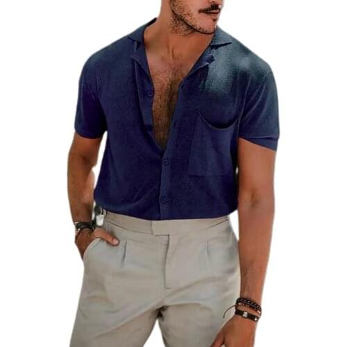 Slim Shirts for Men Casual Short Sleeve Turn-down Collar Loose Male Shirts Buttons Closure Solid Color Summer Shirt Men Clothing