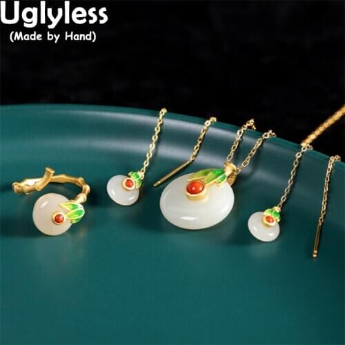 Uglyless Classic Peace Buttons Jewelry Sets for Women Natural Jade Nephrite Earrings Rings Necklaces NO Chain 925 Silver Pendant