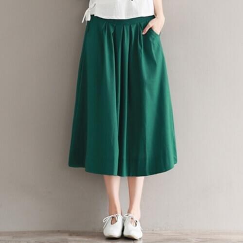Skrits Womens 2020 Summer Literary Cotton Linen Elastic Waist Pleated Skirt Solid Color High Waist Large Swing Skirt Women A932