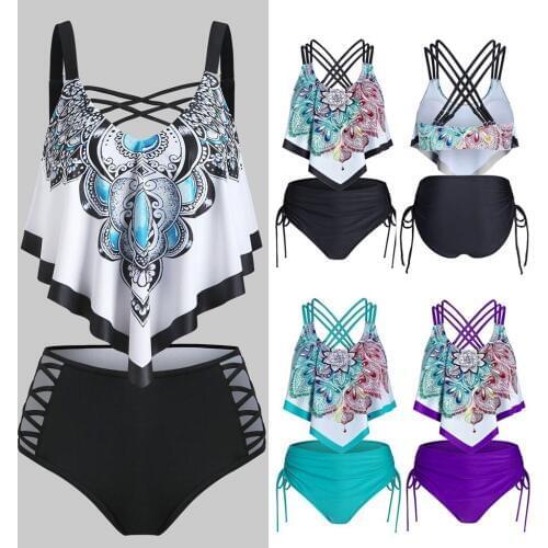 #H30 Backless High Waist Bikini Women Boho Print Push Up Swimwear Padded Overlay Flounce Crisscross Tankini Tankini Swimsuits