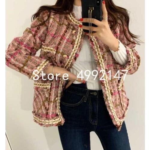 2020 Autumn winter Korean women elegant plaid pockets lurex tweed coats OL female slim O-neck weave jackets Y719