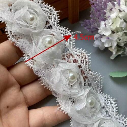 1 Yard White Rose Flower Lace Trim Pearl Soluble 45mm Embroidered Ribbon Fabric Handmade DIY Wedding Dress Sewing Supplies Craft