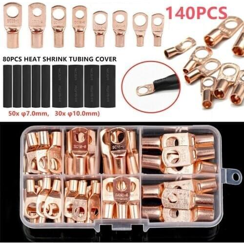 140Pcs SC Bare Terminals lugs Copper Lug Ring Seal Battery Wire Cable Crimp/Welding Connectors with Black Shrink Tube
