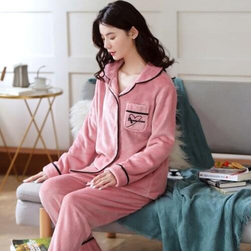 2020 Women Flannel Pajamas Sets 2 Pieces Long Sleeve Turn-down Collar With Pocket Pyjama Cute Cartoon Button Top+Pants Pijama