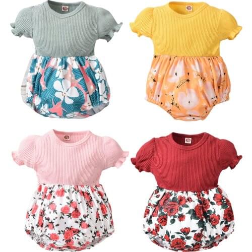 2021 0-12M Sweet Baby Girls Casual Romper 4 Colors Floral Printed Pattern Patch Puff Short Sleeve Round Collar Summer One-piece