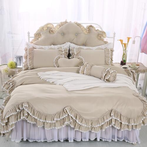 3/4/6/8Pcs Silk Cotton luxury Princess Bedding Set Pure snowflake lace Duvet cover set Bedskirt Pillowcase Twin Queen King size