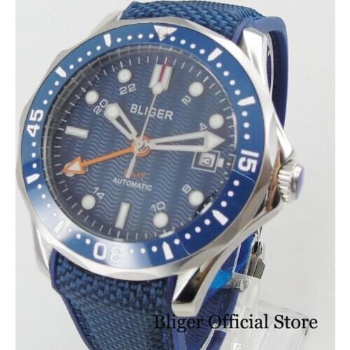BLIGER Top Brand Sport Style GMT Function Mechanical Mens Watch Sapphire Crystal Date Indicator Rubber Strap Ceramic Bezel