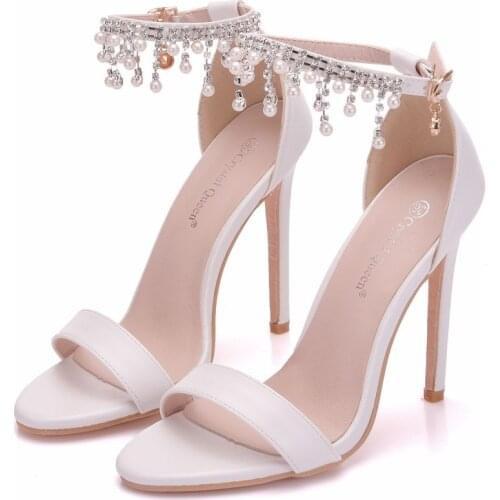 Crystal Queen Women Elegant Heels Wedding Shoes For Women High Heel Sandals Pearls Tassel Chain Platform White Party Shoes