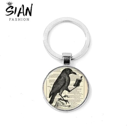 SIAN Vivid Raven Key Ring Crow Reading Book Art Picture Glass Cabochon Pendant Metal Key Chain Bird Jewelry Bronze Silver Plated