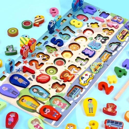 Montessori Wooden Math Toys Character Traffic Animal Fruit Magnetic Fishing Blocks Busy Board Preschool Educational Kids Toys
