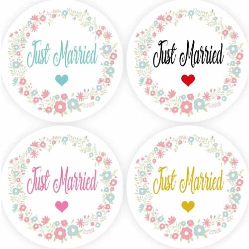 DouxArt 100 Pieces Just Married Wedding Favors Stickers, 40mm Colorful Garland Heart Marriage Communion Handmade Gift Labels