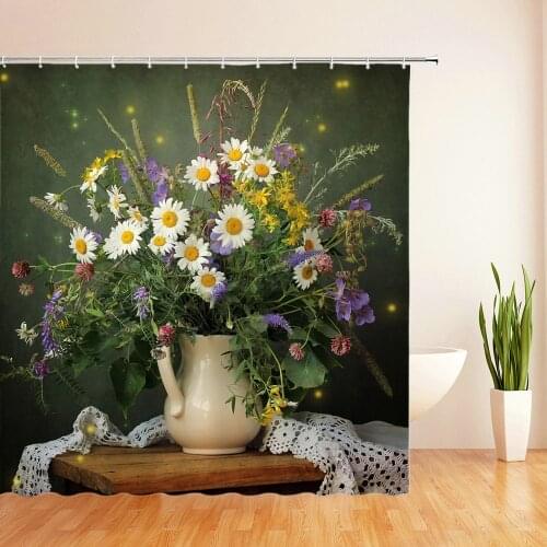 Retro European Shower Curtains Flowers Vase Green Leaf Plant Bathroom Decor Home Bathtub Waterproof Bath Curtains With Hooks Set