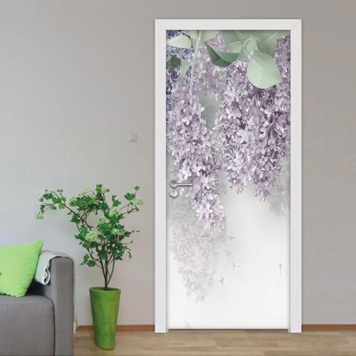 Purple Flowers Creative Poster 3D Door Stickers Home Decor PVC Self-adhesive Door Mural Art Wall Decals Wallpaper Living Room