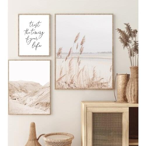 Canvas Painting Pictures Decor Desert Mountain Landscape Beige Neutral Boho Pampas Grass Poster and Prints Wall Minimalist Art