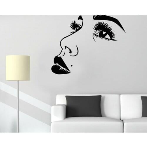 Beautiful Girl Face Sexy Lips Wall Stickers Female big eyes Vinyl Decal Decor Beauty Salon Makeup room Mural Wall Tattoo DG019