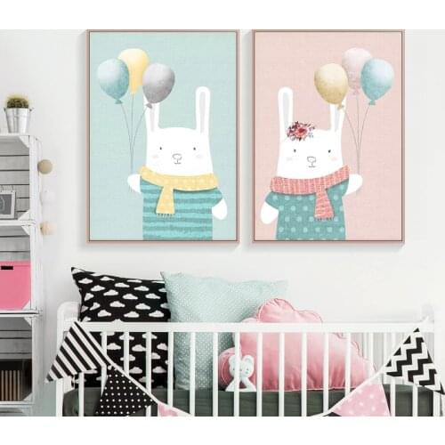 Cute Rabbit with Balloon Blue Pink Wall Art Picture Animal Canvas Poster Nursery Print Painting Nordic Kids Baby Room Home Decor