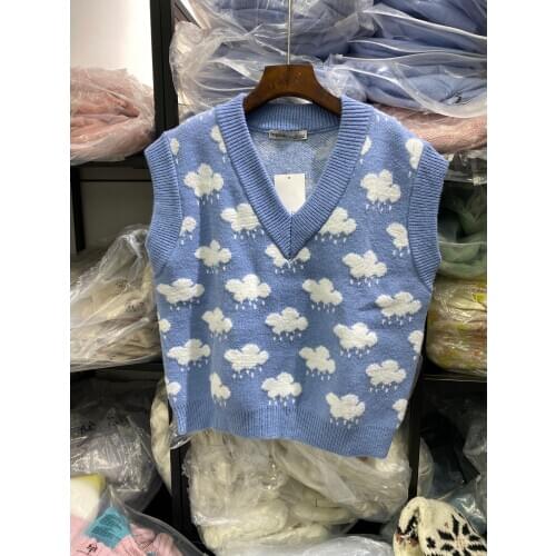 FASHION ZA 2021 women waistcoat winter sleeveless sweater Cloud jacquard knitted vest chic female blue Pullovers