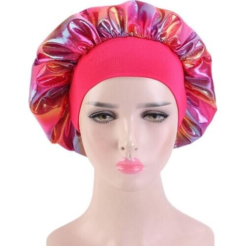 New Women Big Size Laser Satin Print Satin Silk Bonnet Sleep Night Cap Head Cover Bonnet Hat for For Curly Springy Hair Black
