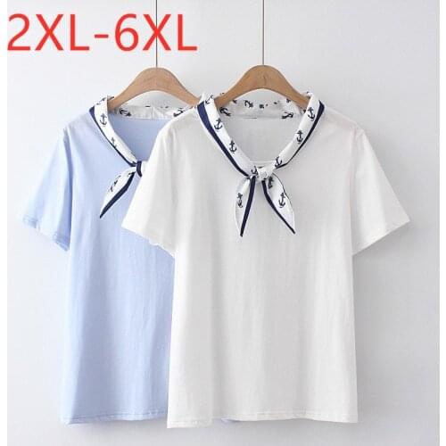 New 2021 Ladies Summer Plus Size Tops For Women Large Short Sleeve Slim Elastic White Cotton Bow O-neck T-shirt 3XL 4XL 5XL 6XL