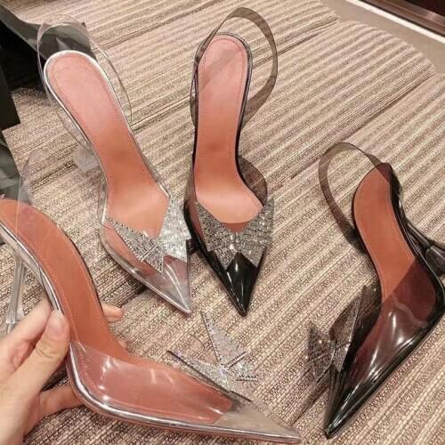2021 New Early Spring Pointed Transparent Sandals Female Baotou Rhinestone Bow Tie Wine Glass With High Heels