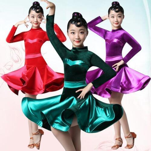 New Latin Dance Dress For Girls Long Sleeve velvet Standard Ballroom Dancing Dresses For Kids Performance Wear Salsa Clothes