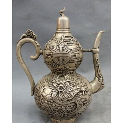 Song voge gem S2506 9" Chinese Silver Cloud Myth Fly Dragon Head Statue Gourd Shape Wine Pot Teapot