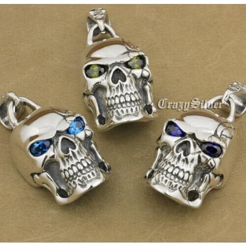 925 Sterling Silver Huge Heavy Stone Eyes Skull Mens Biker Rocker Punk Pendant 9E108 Just Pendant
