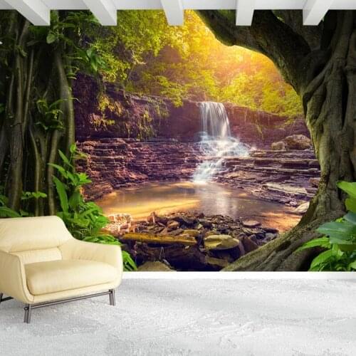 Custom Papel De Parede 3D Forest Waterfall Landscape Photo Wall Painting Living Room Sofa Bedroom Home Decor Mural Wall Covering