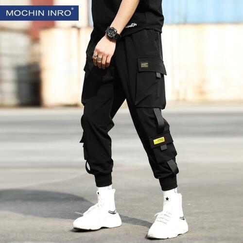 Outdoor 2019 elastic waist Cargo Black Multi pocket hip hop ribbon Overalls Hiking Camping tactical trekking teenagers pants men