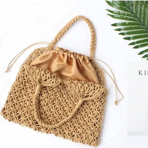 Women Boho Summer Woven Beach Bag Handmade Hollow Out Straw Bag Macrame Tote Girls Cotton Rope Crochet Bags