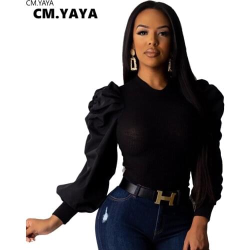 Plus Size Women Winter T-Shirts O-Neck Full Puff Sleeve Knitted Tees Bandage Shirts Sexy Night Club Party Street Tops GL3729