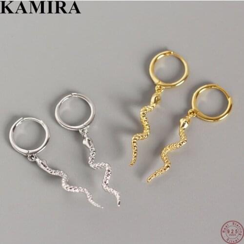 KAMIRA Real 925 Sterling Silver Punk Geometric Snake Pendant Drop Earrings for Women Hip-Hop Party Personality Fine Jewelry Gift