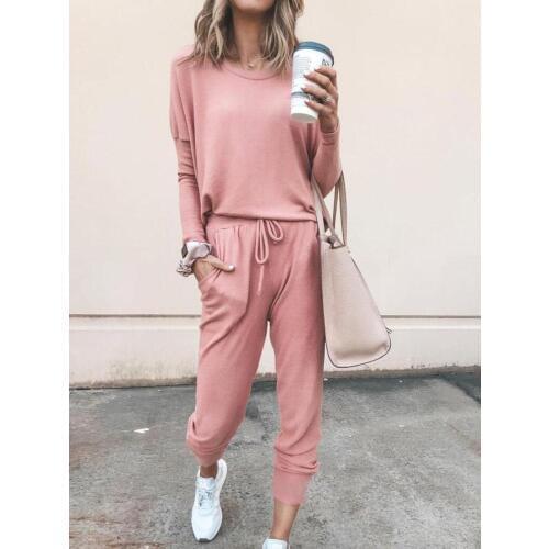 Women Tracksuit 2 PCS Set Ladies Casual Active Blouse Tops Pants Sets Outfits Solid Long Sleeve Top & Tied Casual Pants